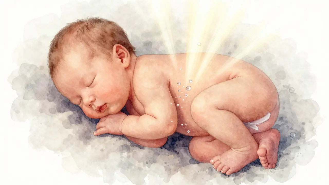 Zvětšený pohled na bříško novorozence s symbolickým rozpadem plynových bublin.