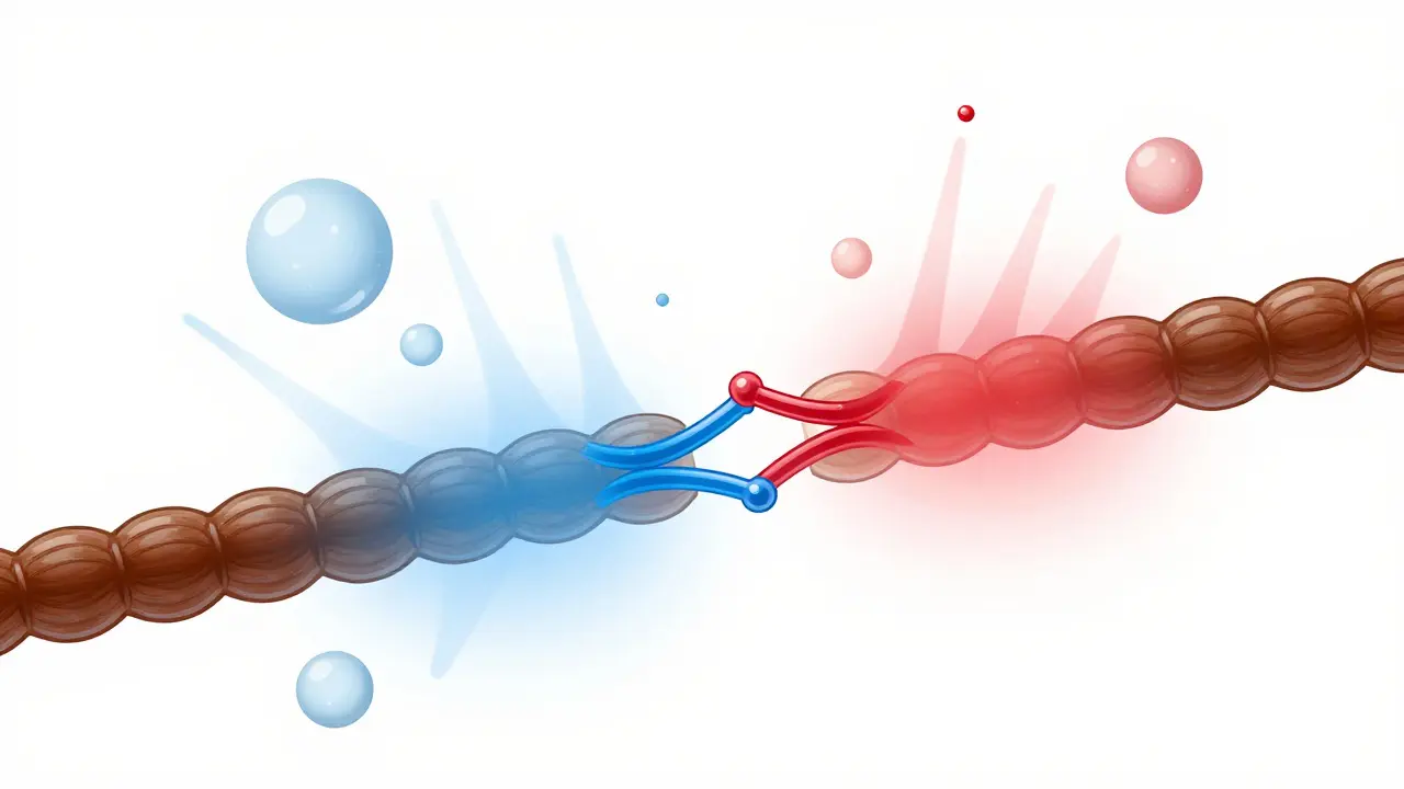 Zvětšený pohled na vlasy s rozpadajícími se keratinovými vazbami pod vlivem soli a tepla.