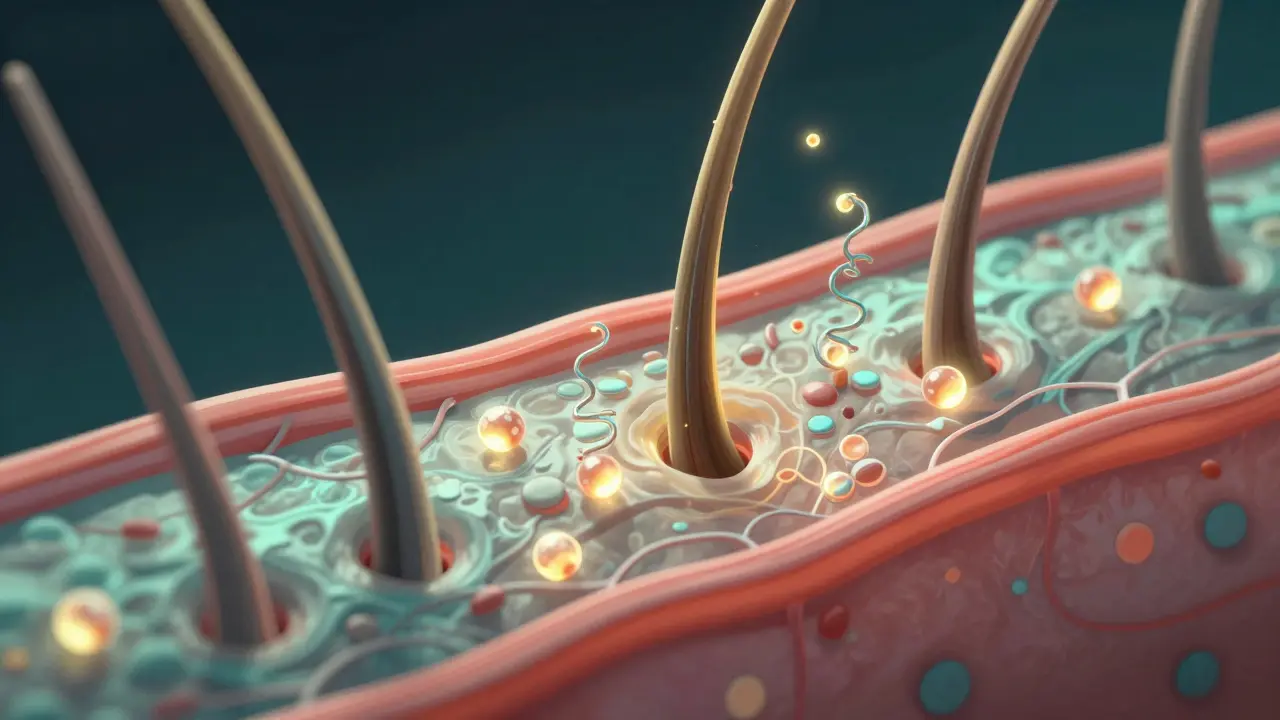 Zvětšený vlasový folikul s molekulami kolagenu vstřebávanými do kůže hlavy.