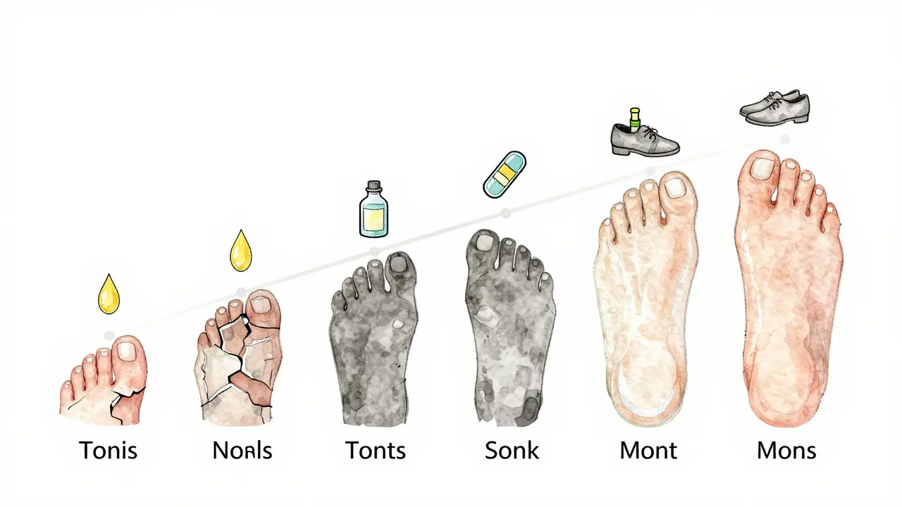 Časová osa růstu nehtů na nohou během šesti měsíců s přirozenou péčí.