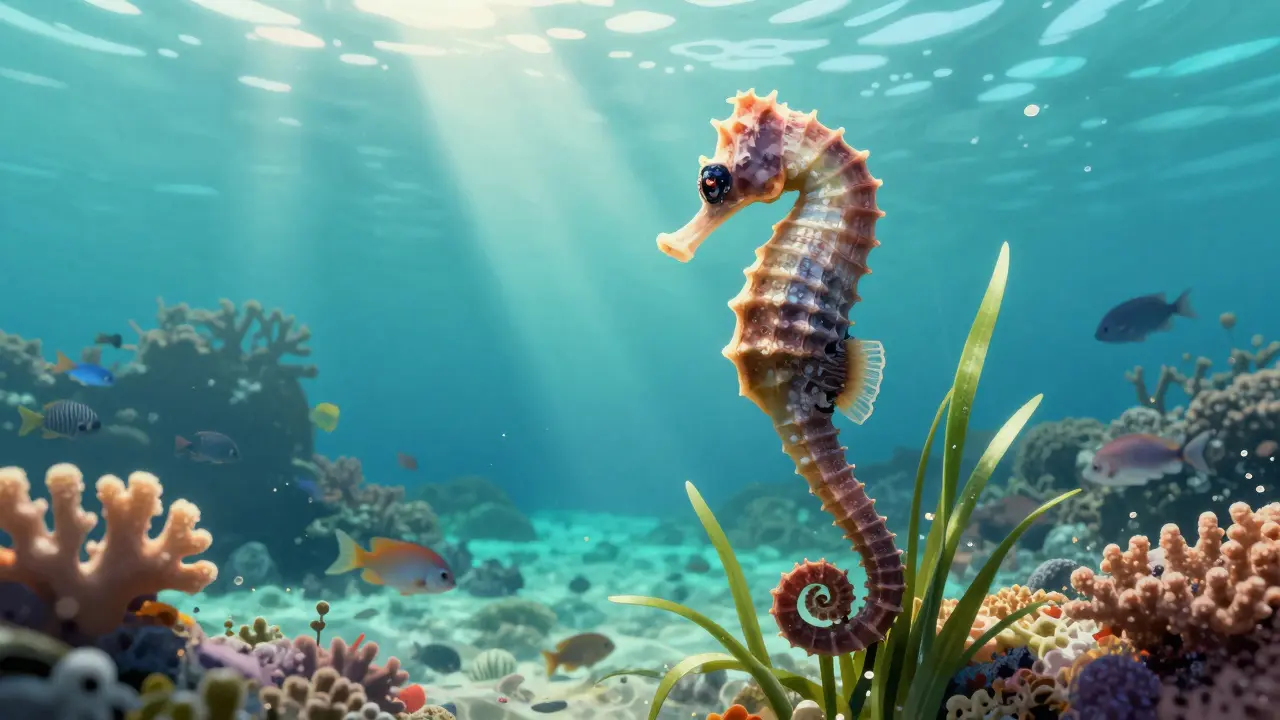 Chráněný mořský koník v přírodním mořském prostředí