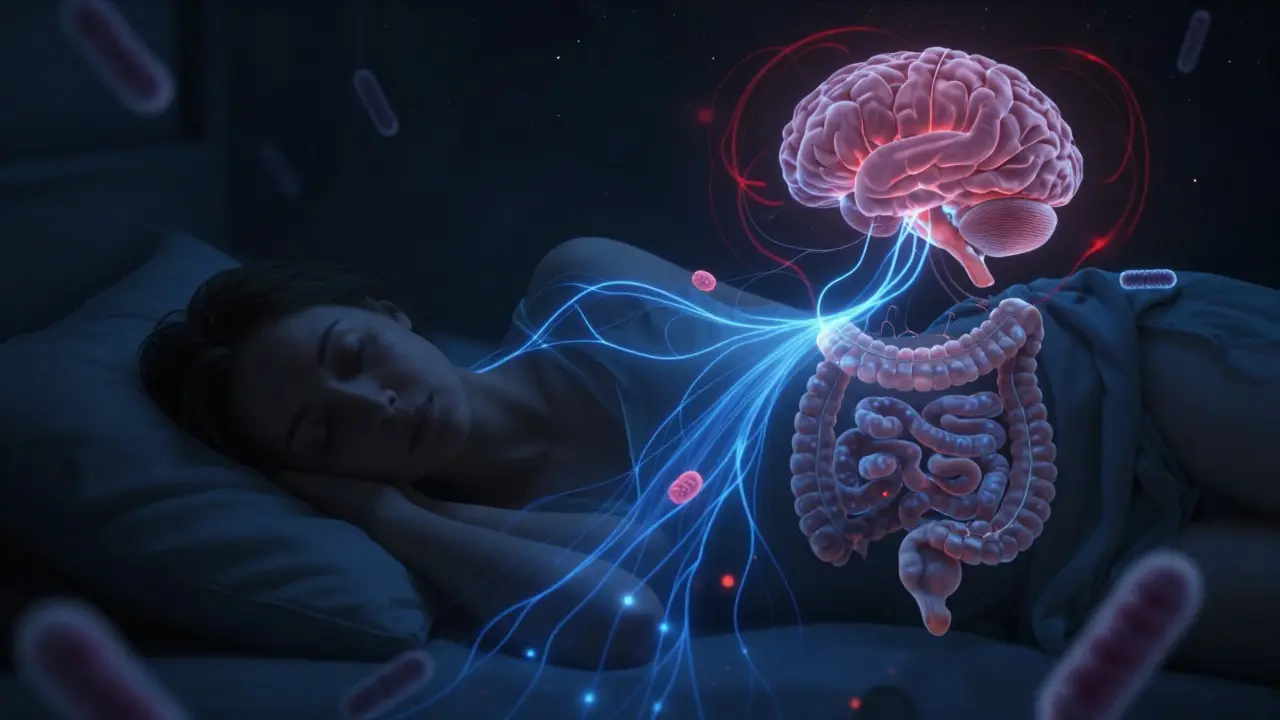 Člověk spí, zatímco jeho mozek a střeva jsou propojena světelnou cestou, kde rostou užitečné bakterie.