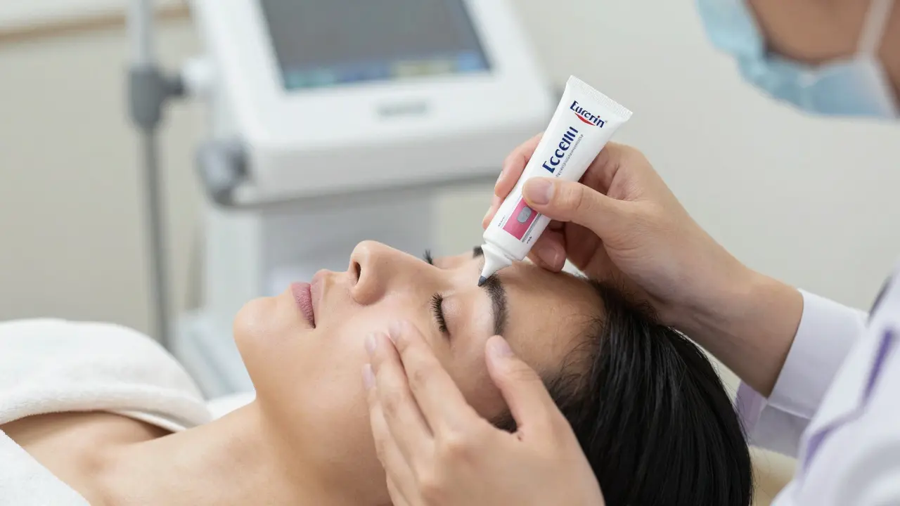 Dermatolog aplikuje Eucerin na pokožku v klinickém prostředí.