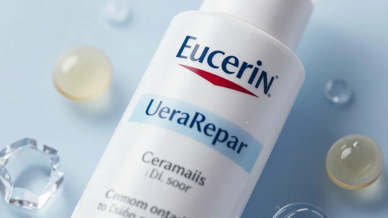 Detail kremu Eucerin UreaRepair s viditelnými složkami močoviny a ceramidů.