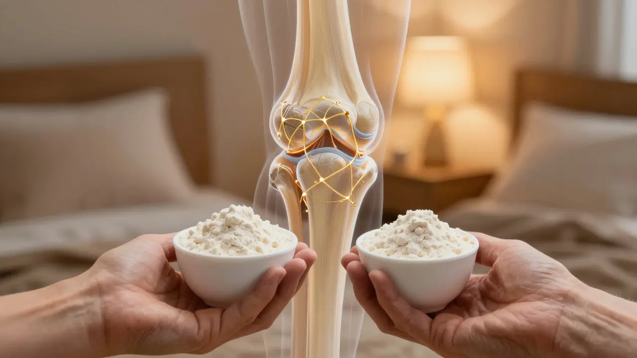 Dvě ruce drží prášek hydrolyzovaného mořského kolagenu, za nimi se postupně obnovuje kloubní chrupavka.