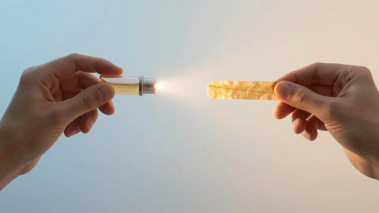 Dvě ruce představují volbu mezi laserem a voskem, každý s vlastní barvou a atmosférou.