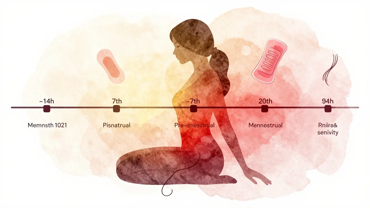 Graf menstruačního cyklu s vyznačeným optimálním dnem pro depilaci a symboly vosku a chladícího gelu.
