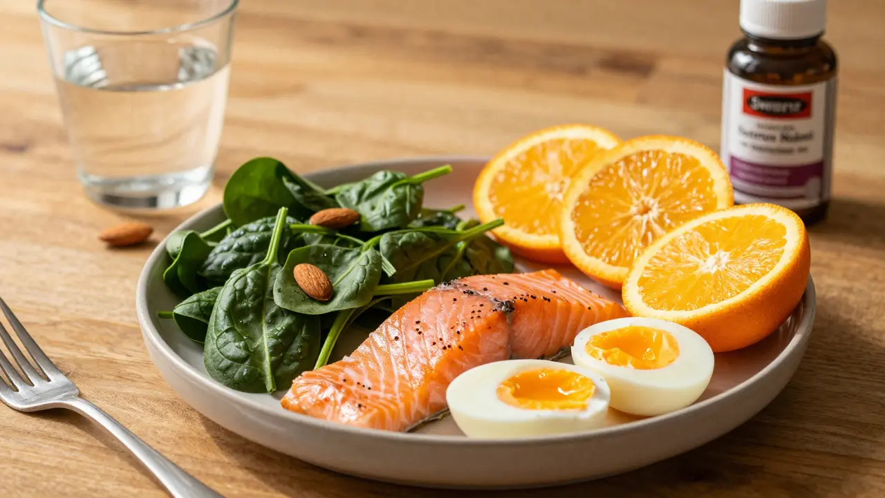 Jídlo s vitamíny pro únavu: losos, špenát, ořechy, citrusy.