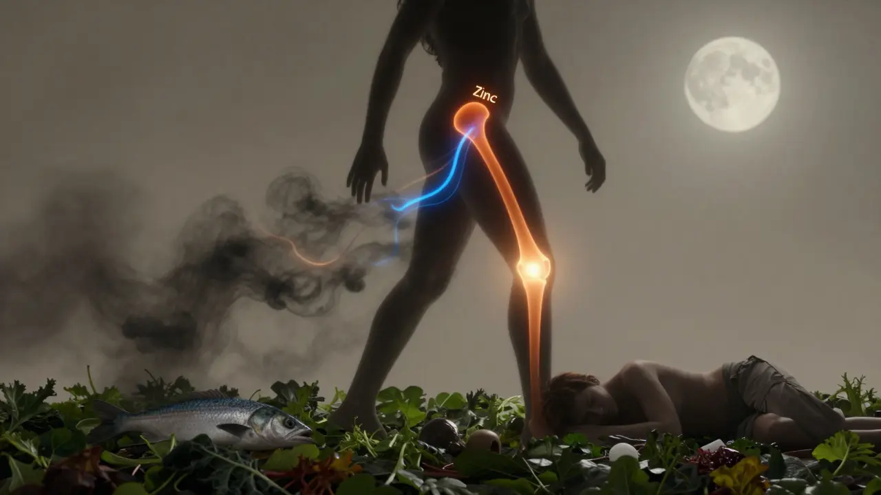Konečný obraz těla s jasnými cestami vitamínu C a zinku směřujícími k kyčli, zatímco škodlivé návyky ustupují.