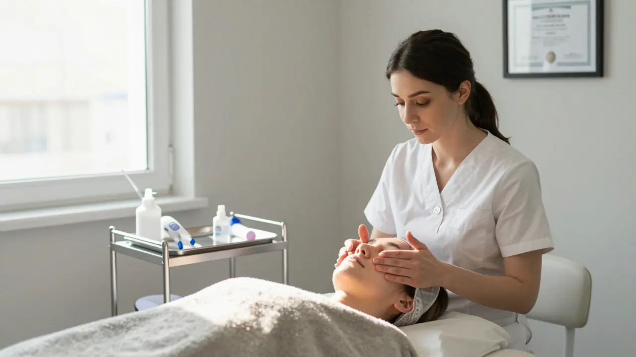 Kosmetička pracuje v domácím salónu s sterilním nářadím a klidným prostředím.