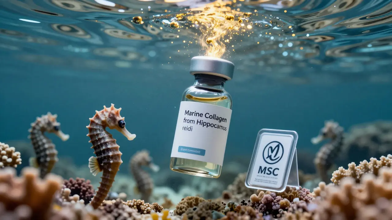 Léčivá lahvička s mořským kolagenem nad mořským ekosystémem, s certifikačním značkou MSC.