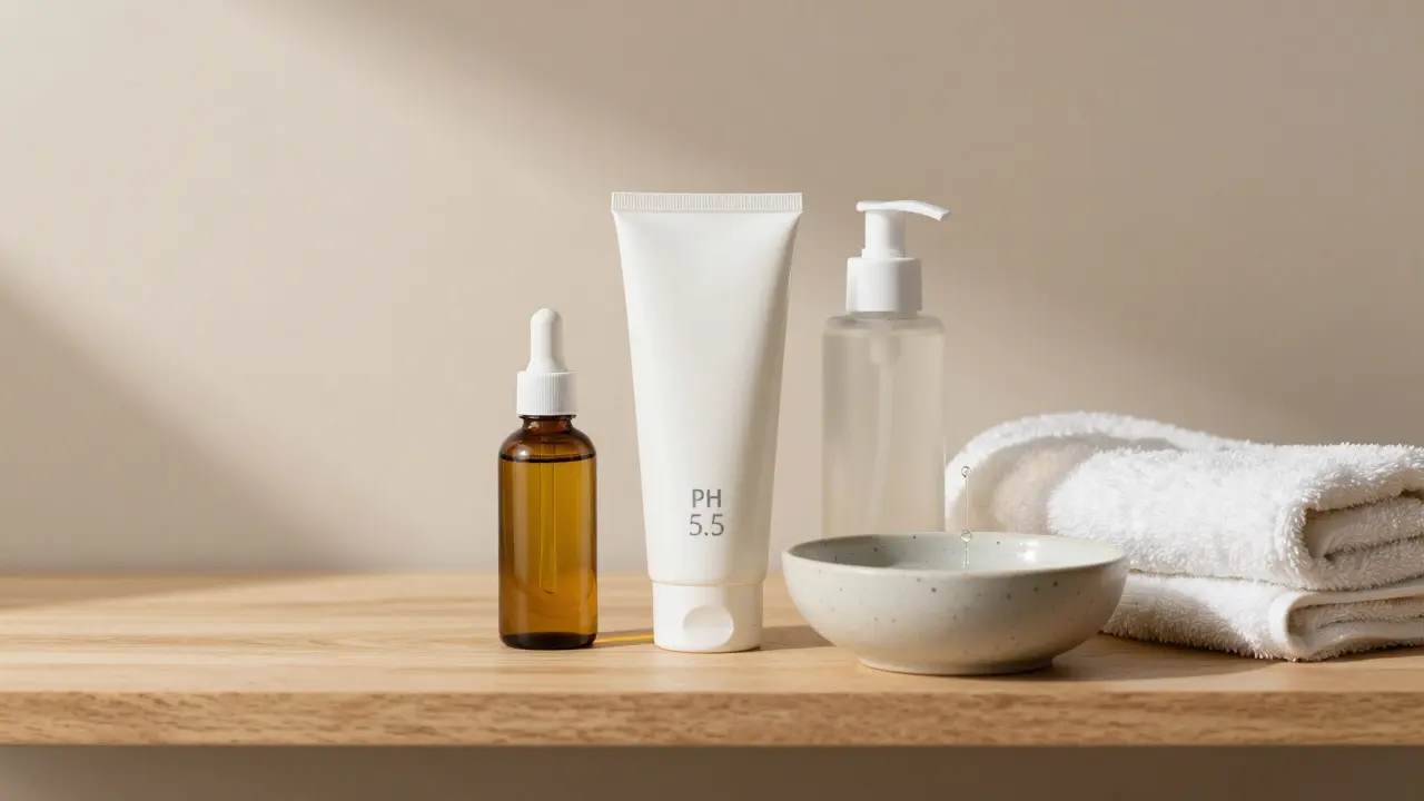 Minimální regál s klíčovými produkty pro čištění pleti.