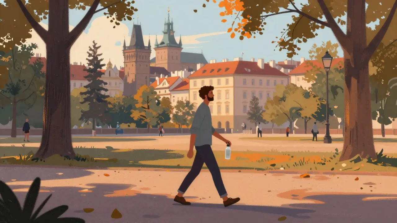 Muž prochází pražským parkem s lahvicí vody.