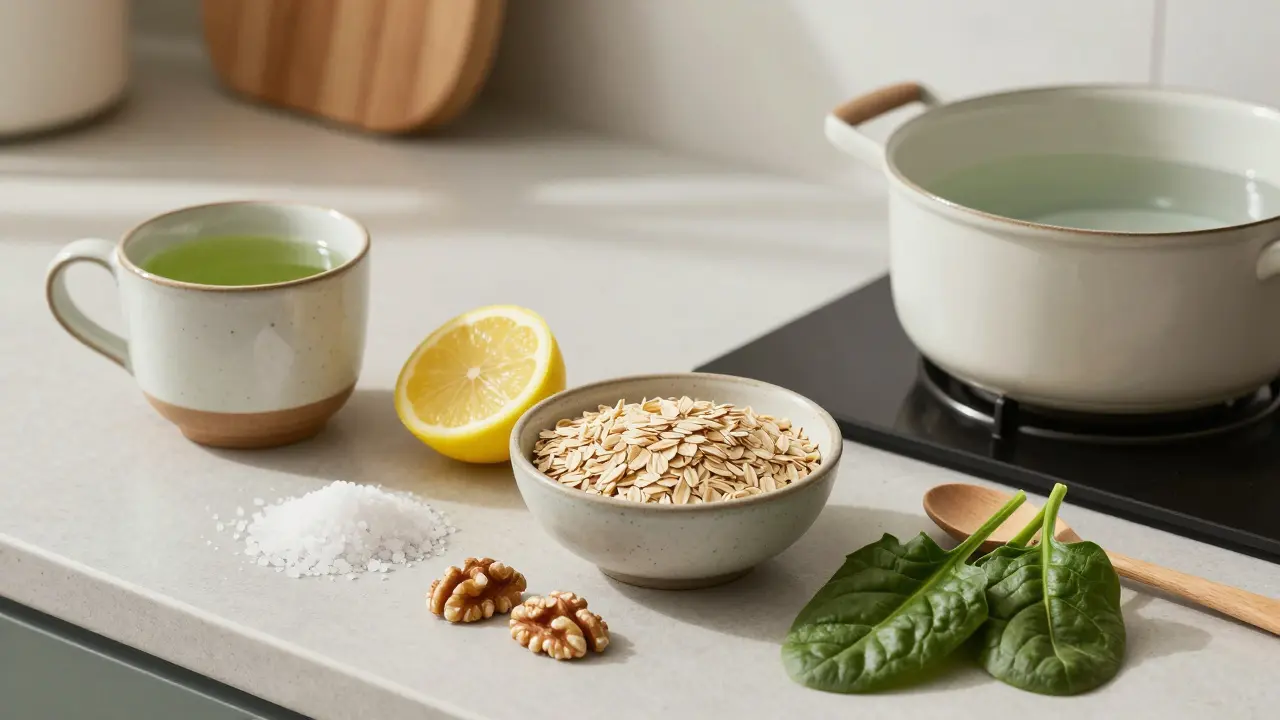 Na kuchyňském pokličku jsou přírodní prostředky proti počátečnímu opilosti: čaj, citron, sůl a ovesná kaše.