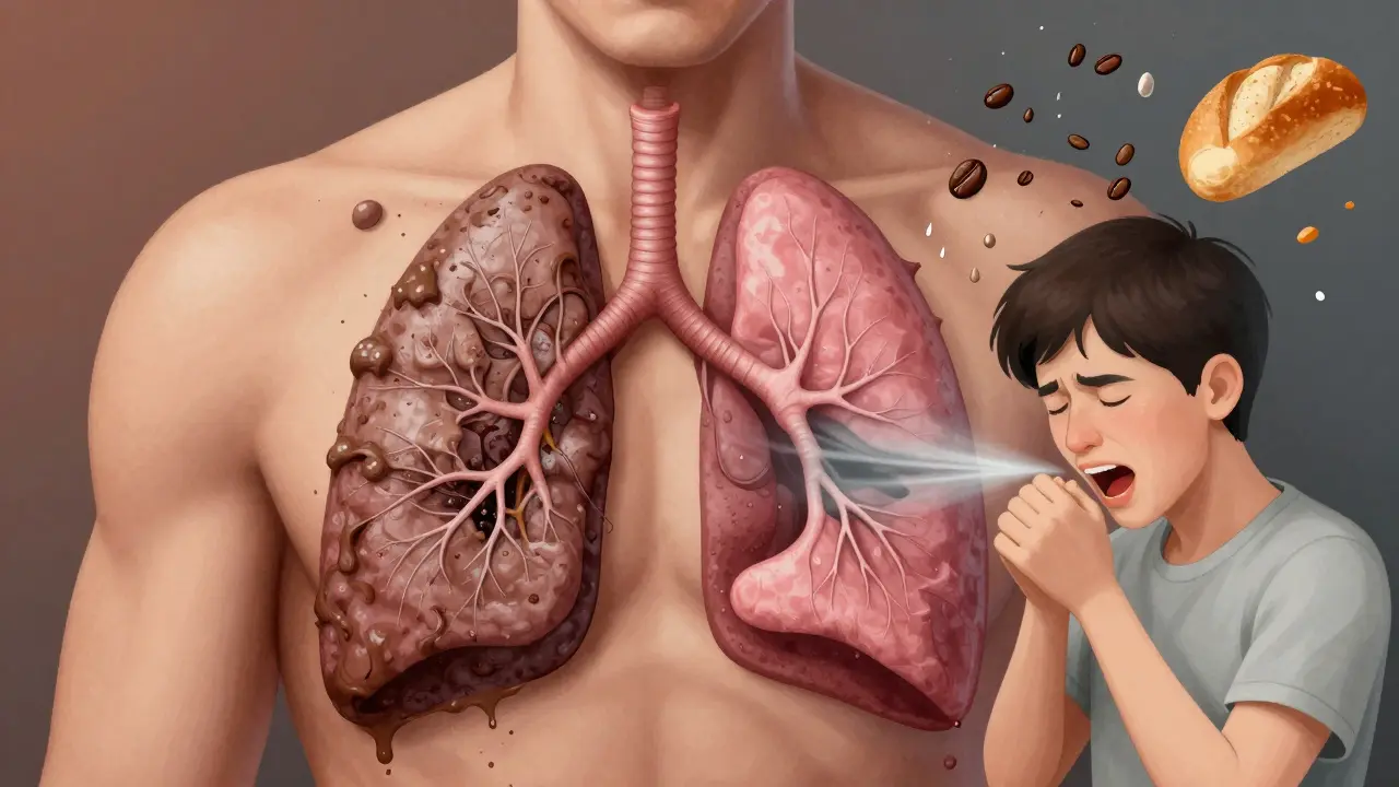 Náčrt lidského těla ukazující srovnání poškozených a obnovených plic, s symboly obnoveného čichu a chuti.