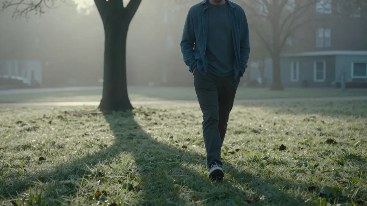 Osoba se pomalu prochází v parku na ranním světle, kolem ní rosená tráva a mlha.