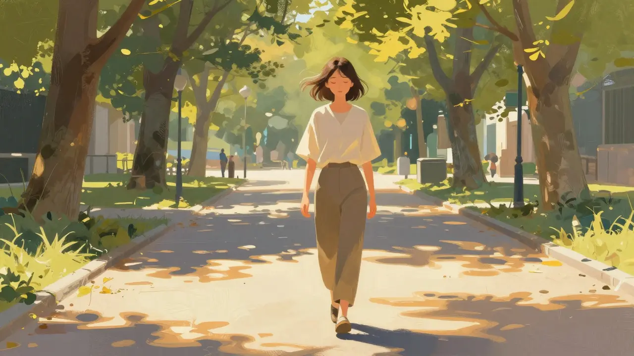 Osoba se prochází v parku za denního světla, bez telefonu, v klidu.