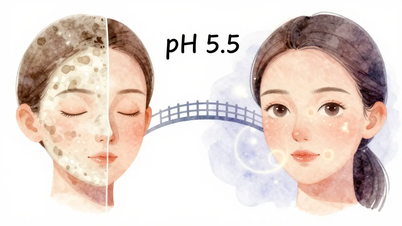 Porovnání pleti před a po použití tonika s symbolickým přechodem pH 5,5.
