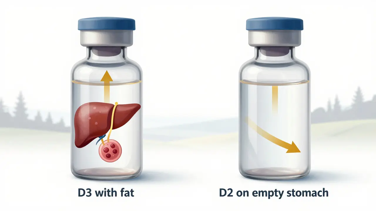Porovnání vstřebávání vitamínu D3 s tukem a D2 na prázdný žaludek v laboratorním prostředí.