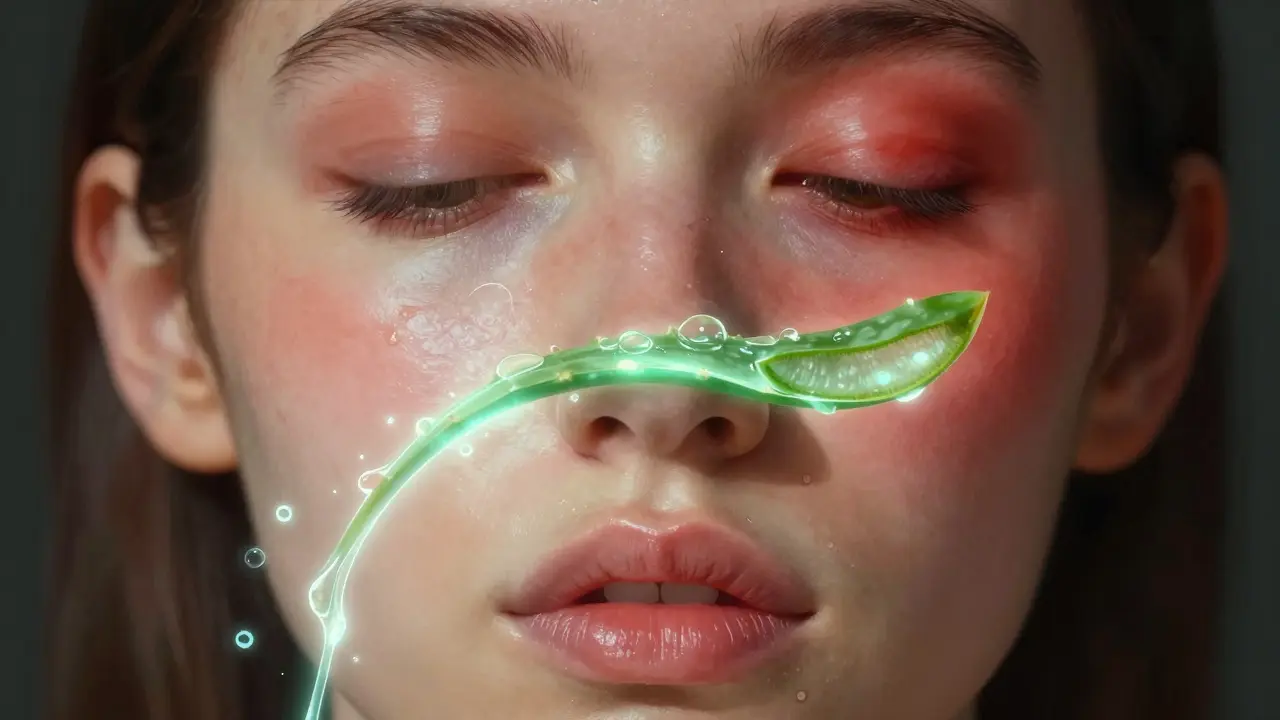 Porovnání zdravé a podrážděné pleti s proudem gelu aloe vera mezi nimi.