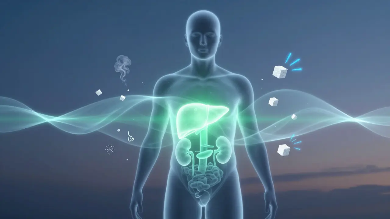 Průhledný lidský tvar s vyzařujícími orgány, toxiny se mění v čistý vzduch.