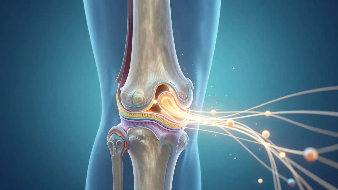 Průřez kloubu s regenerujícími peptide kolagenu, které proudí do chrupavky.