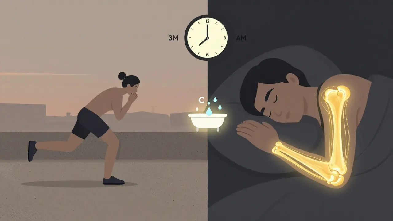 Rozdělený scénář: jedna strana ukazuje zatížení kloubů, druhá klidný spánek s kolagenovou podporou.