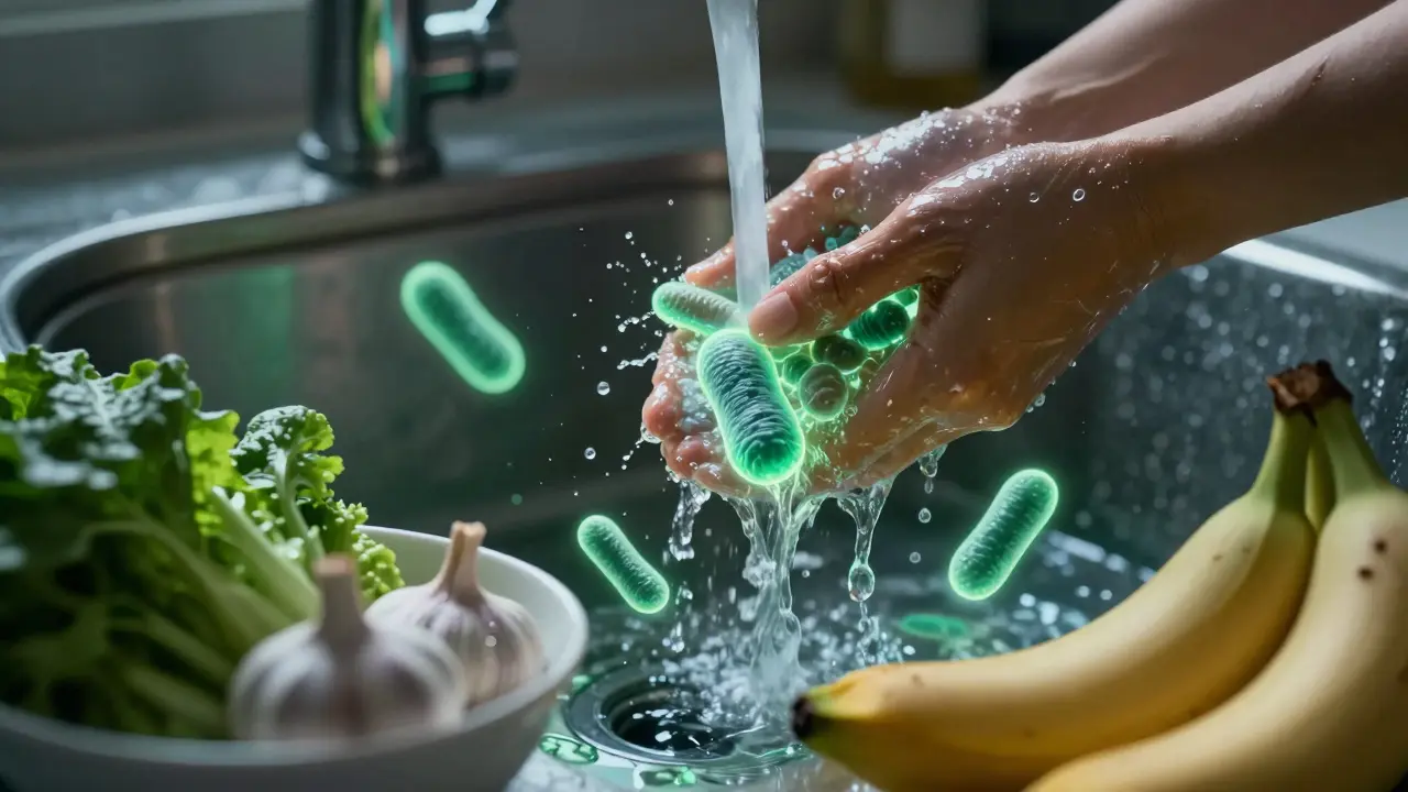 Ruka myje ruce silným mydlem, zatímco potraviny bohaté na vlákninu podporují zdravé bakterie.