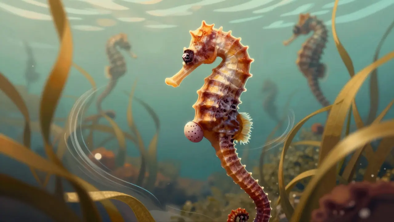 Samec mořského koníka s vajíčky v brodivém vaku, obklopený mořskou trávou a proužky světla.