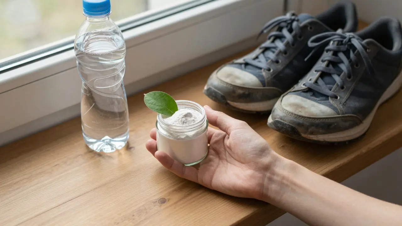 Sklenička mořského kolagenu vedle bot a láhve s vodou na okenním parapetu.