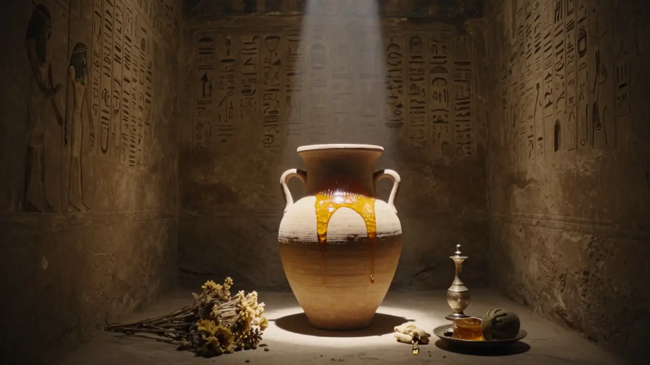 Starověký egyptský hrob s nádobou medu, osvětlené jedním paprskem světla, hieroglyfy na zdech, med vypadá stále čerstvě.