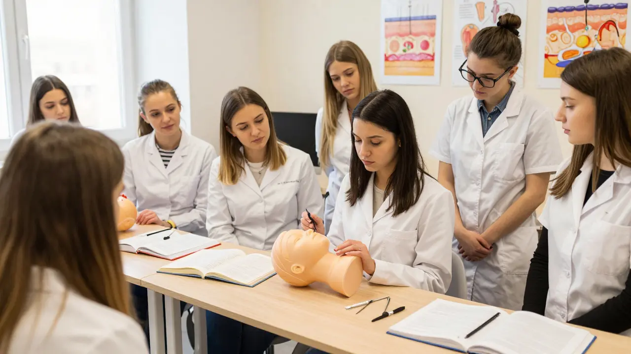 Studenti kosmetiky pozorují demonstraci mikrodermabráze na manekýnu ve třídě.