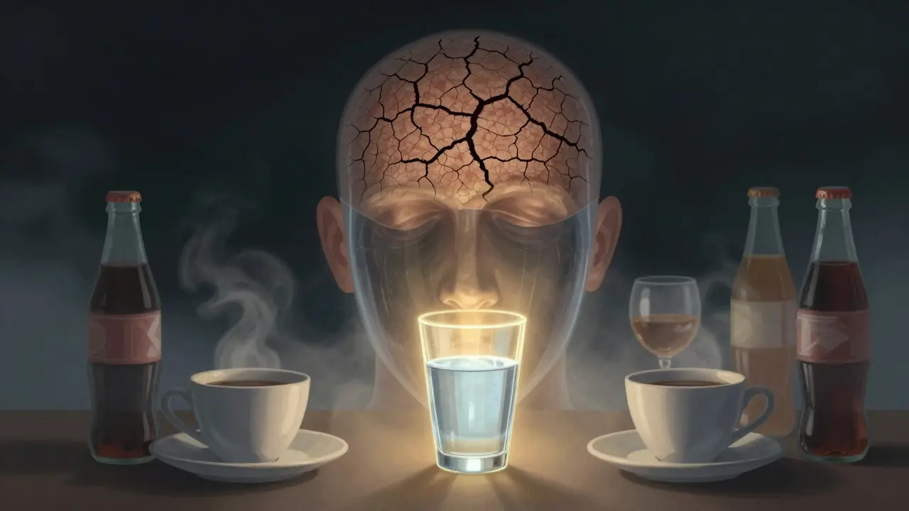 Transparentní obrázek obličeje s vnitřní dehydratací a vysušujícími nápoji kolem.