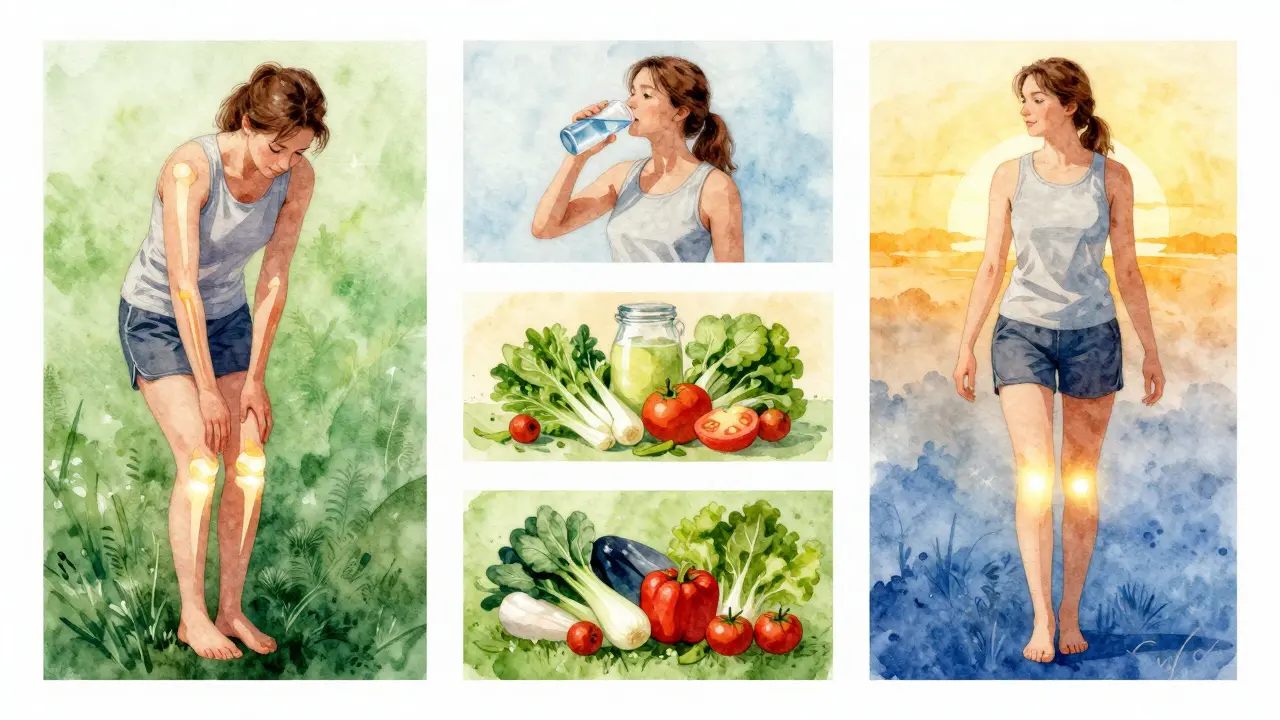 Tři scény ukazují cestu od znečištěných kloubů k zdravému pohybu během 30 dní.