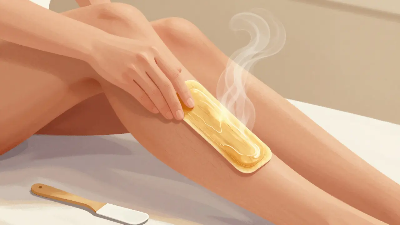 Žena používá teplý vosk při depilaci s jemnými vlásky vytahovanými z kůže.