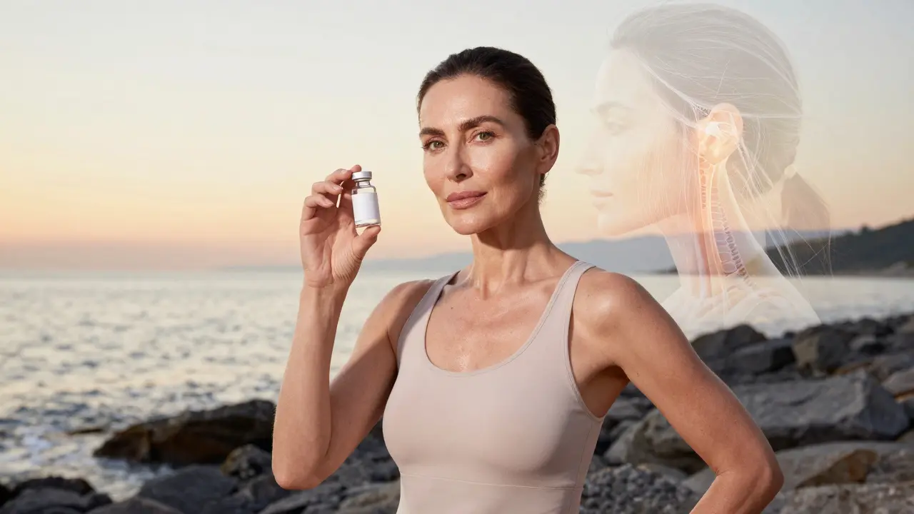 Žena s zářivou pletí stojící na pláži při východě slunce, držící výplněk mořského kolagenu.