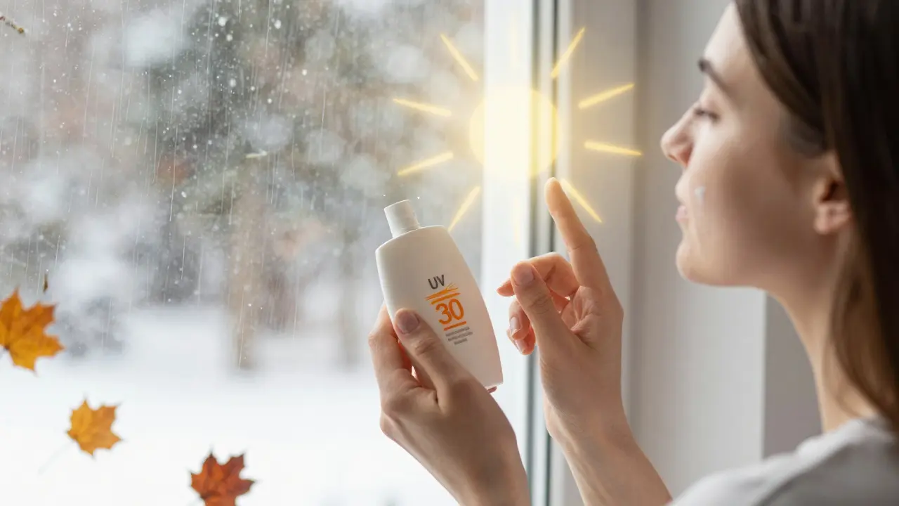 Žena si nanáší krém s SPF v různých ročních obdobích u okna.