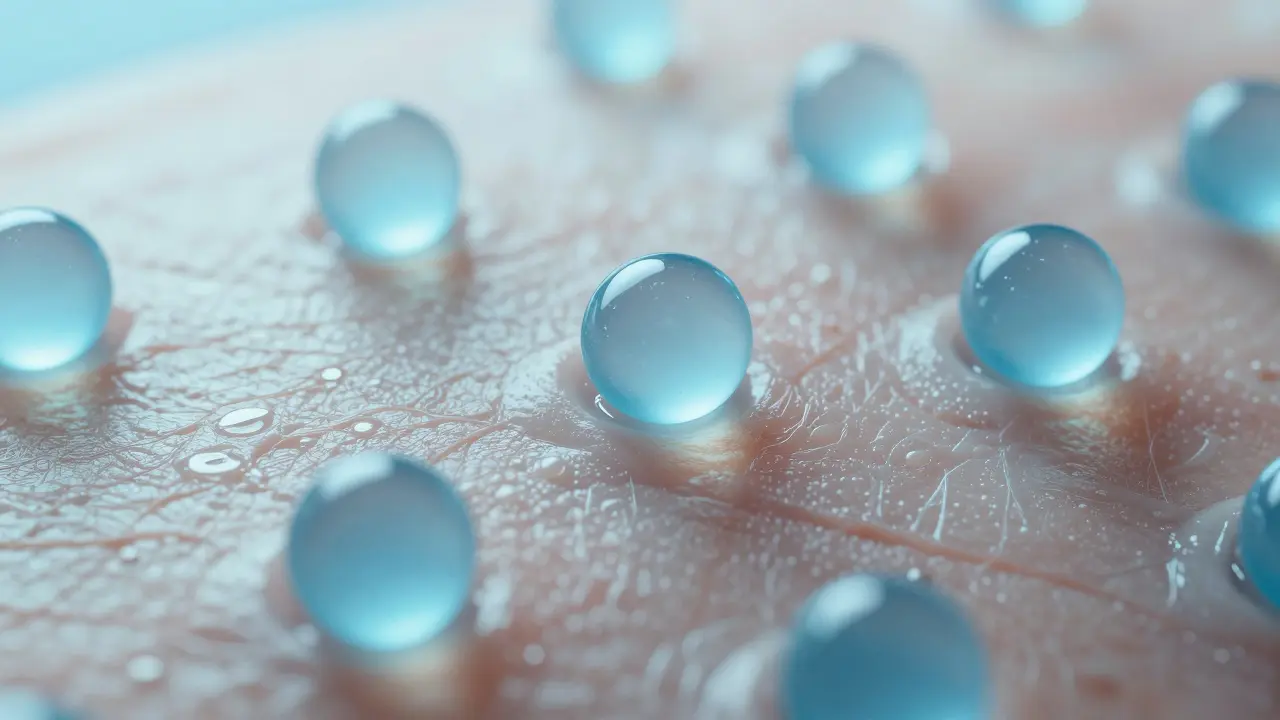 Abstraktní záběr hydratačních kapek a molekul na makrofotografii lidské kůže