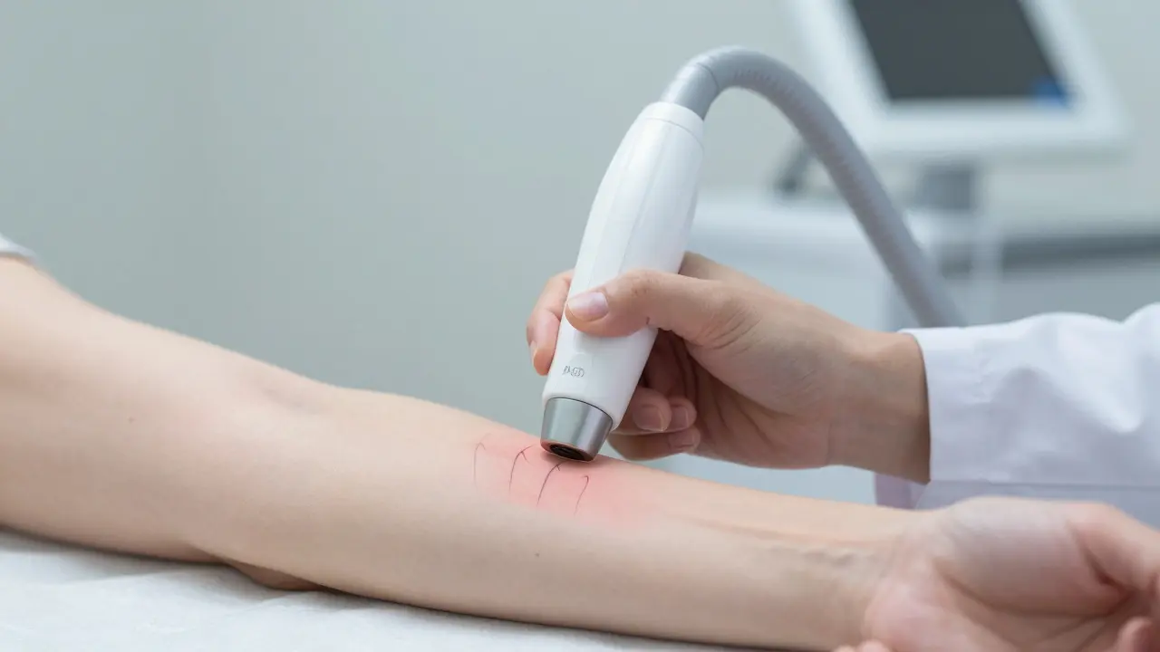 Dermatolog používá laser na předloktí, vlasové folikuly mizí.