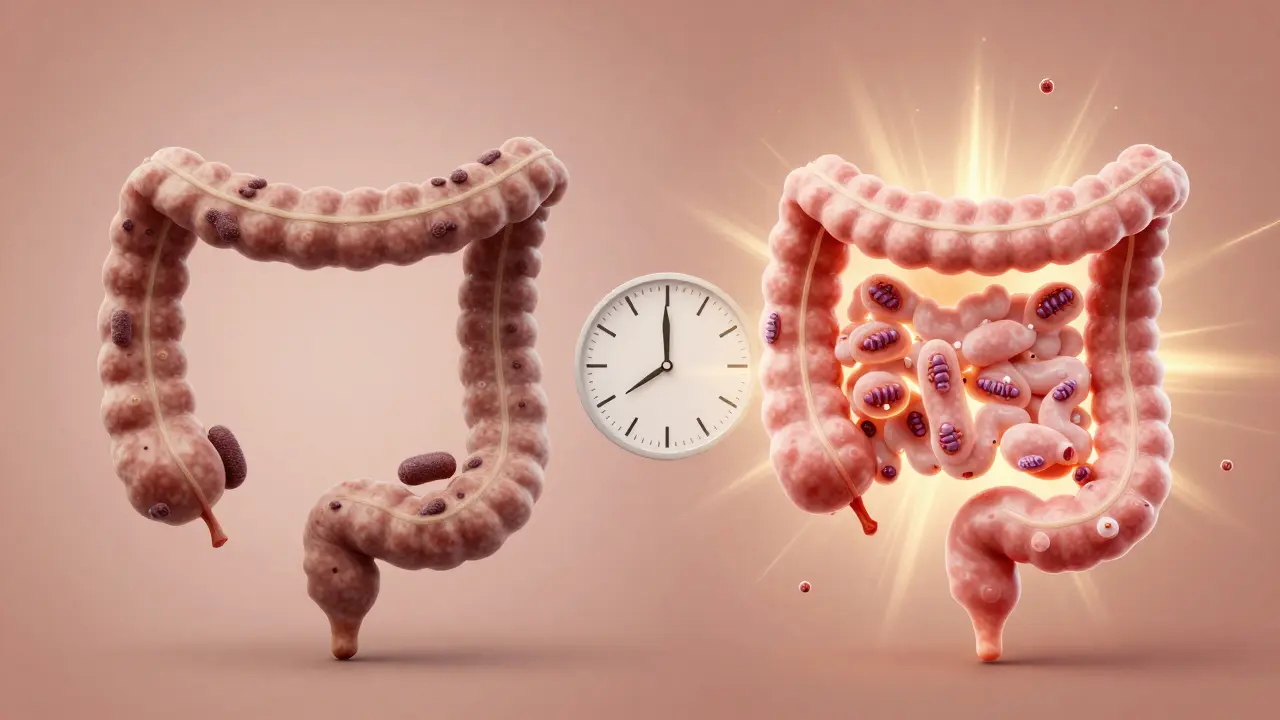 Dvě části střeva: zablokované a zdravé, s probiotiky přecházejícími od nehybnosti k pohybu.