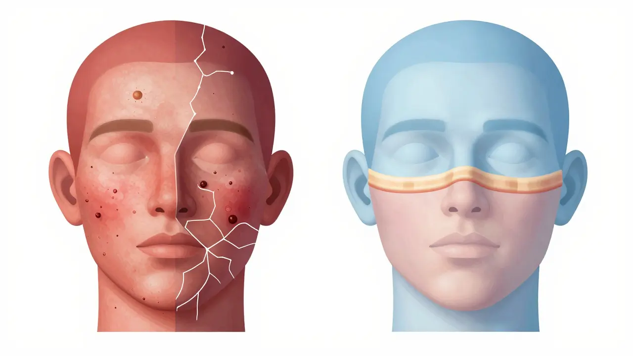 Dvě poloviny obličeje: jedna poškozená, druhá zdravá, s porušenou a uzavřenou bariérou pleti.