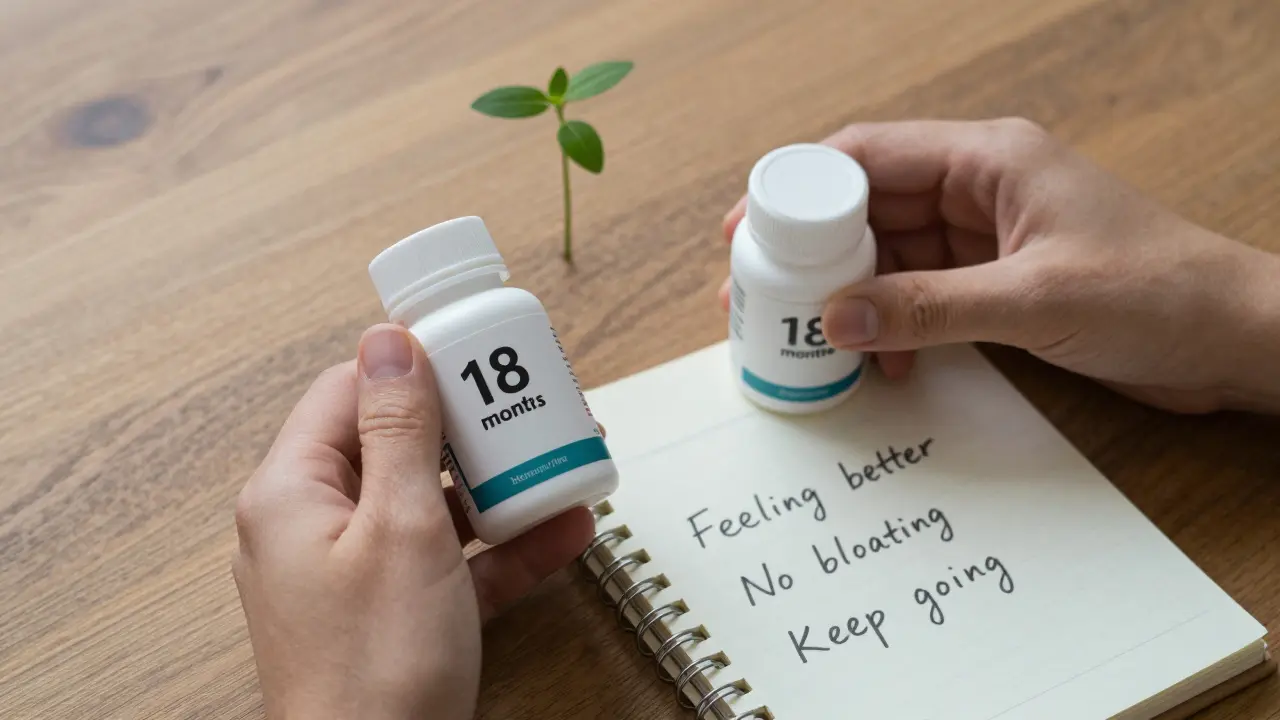 Dvě ruce: jedna drží prázdnou láhev probiotik, druhá pokládá novou vedle poznámek o zlepšení zdraví.