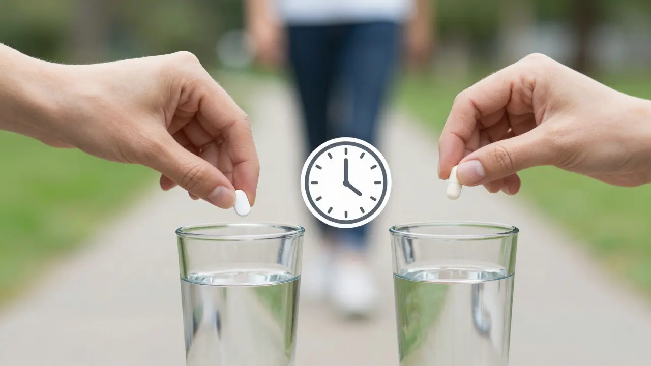 Dvě ruce kladejí antibiotikum a probiotikum do oddělených sklenic s hodinou mezi nimi jako symbol odstupu.