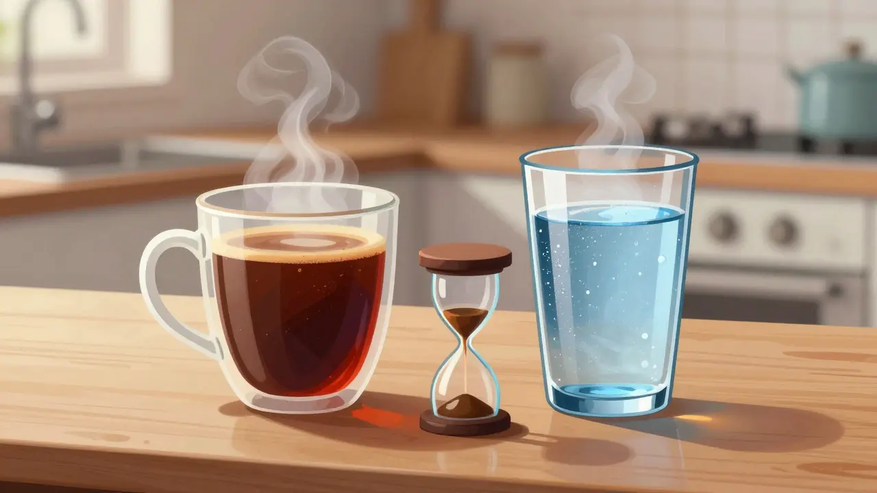 Káva a voda na stole při užívání doplnků stravy.