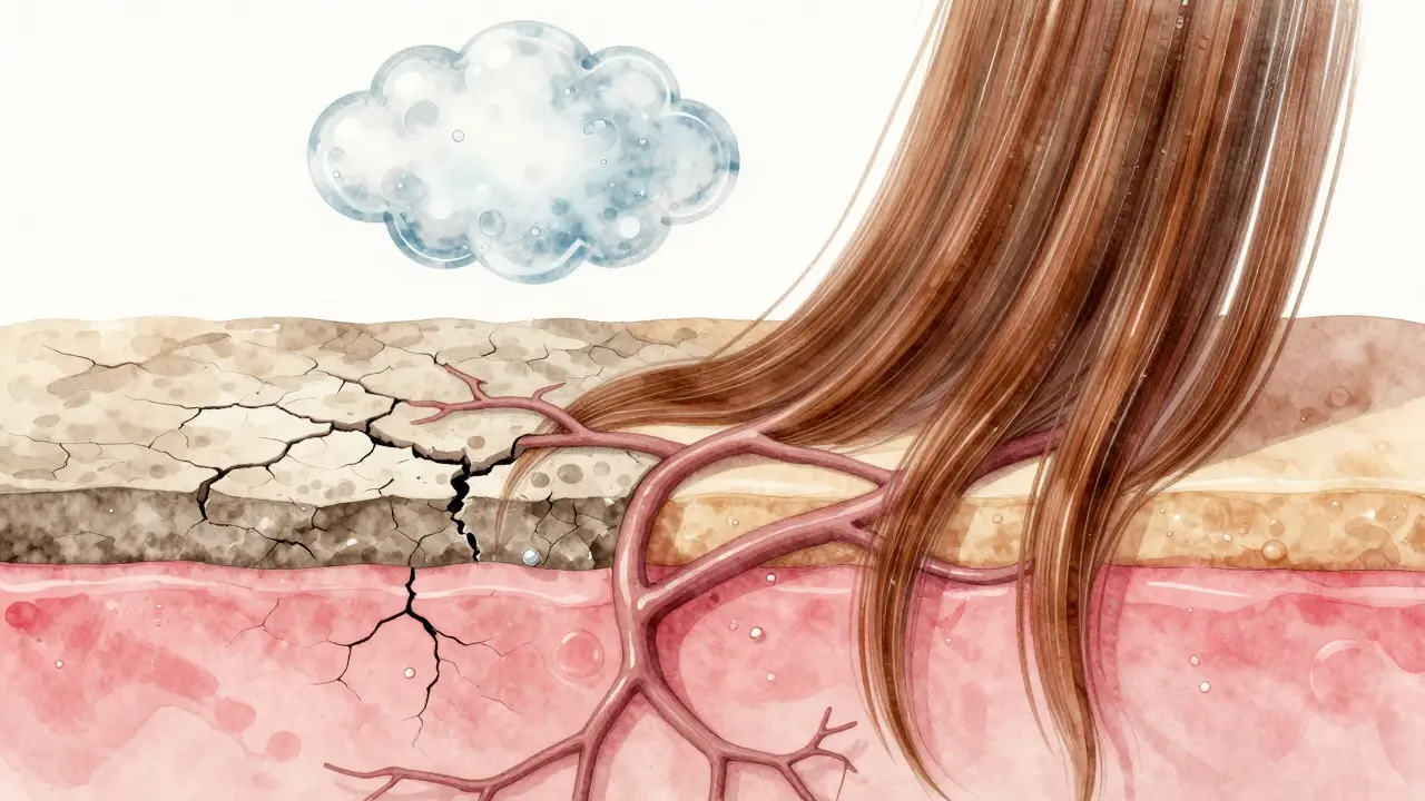 Kontrast mezi suchou, šupinatou a hydratovanou vlasovou pokožkou s vlasy rostoucími z ní.