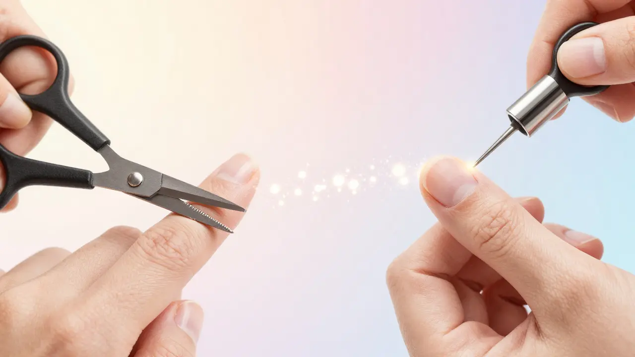 Kontrast mezi tradiční a moderní manikúrou: poškozená kůže vs. hladká, zdravá pokožka.