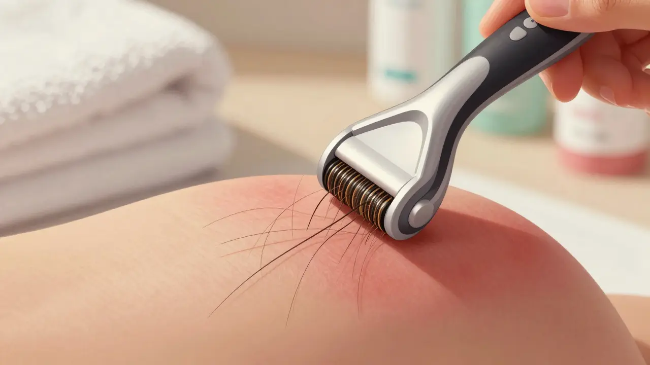 Mechanický epilátor vytrhává vlasy spolu s kořeny, kůže je mírně červená.