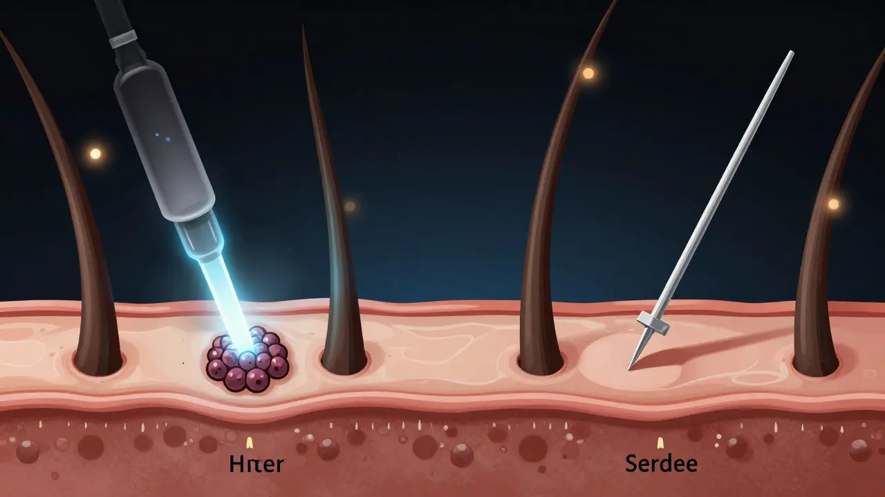 Mikroskopický pohled na zničení vlasového folikulu laserem a elektrolýzou.