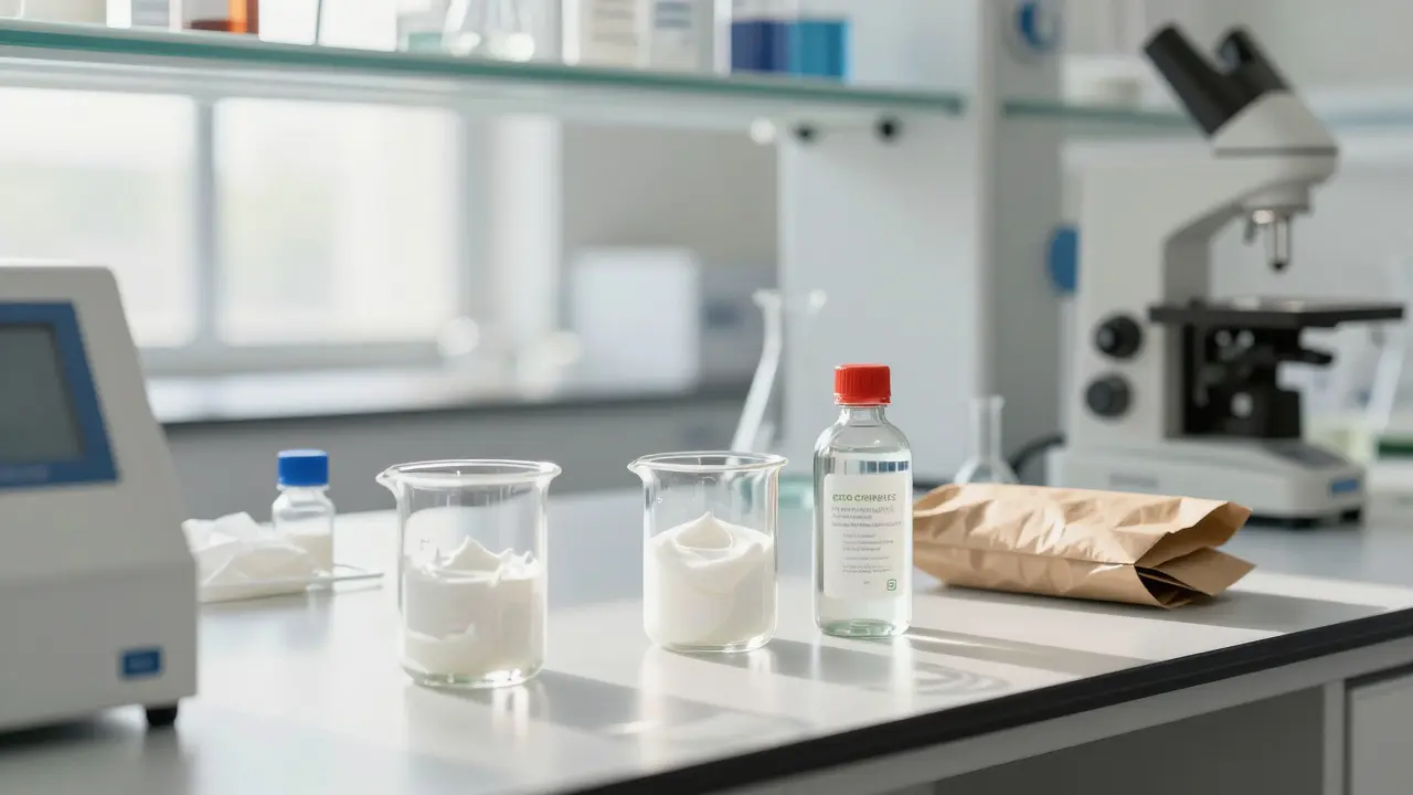 Moderní laboratoř s ekologickým balením a skleněnými baňkami pro analýzu