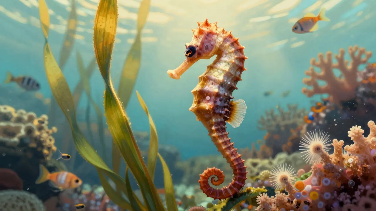 Mořský koník se drží za mořskou trávu v Great Barrier Reef, kolem něj plavou drobné krevety a korálové larvy.